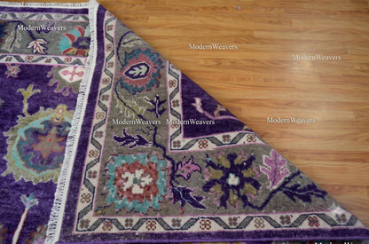 Hand-Knotted Wool Oushak Rug – Royal Purple Floral Traditional Carpet 9x12