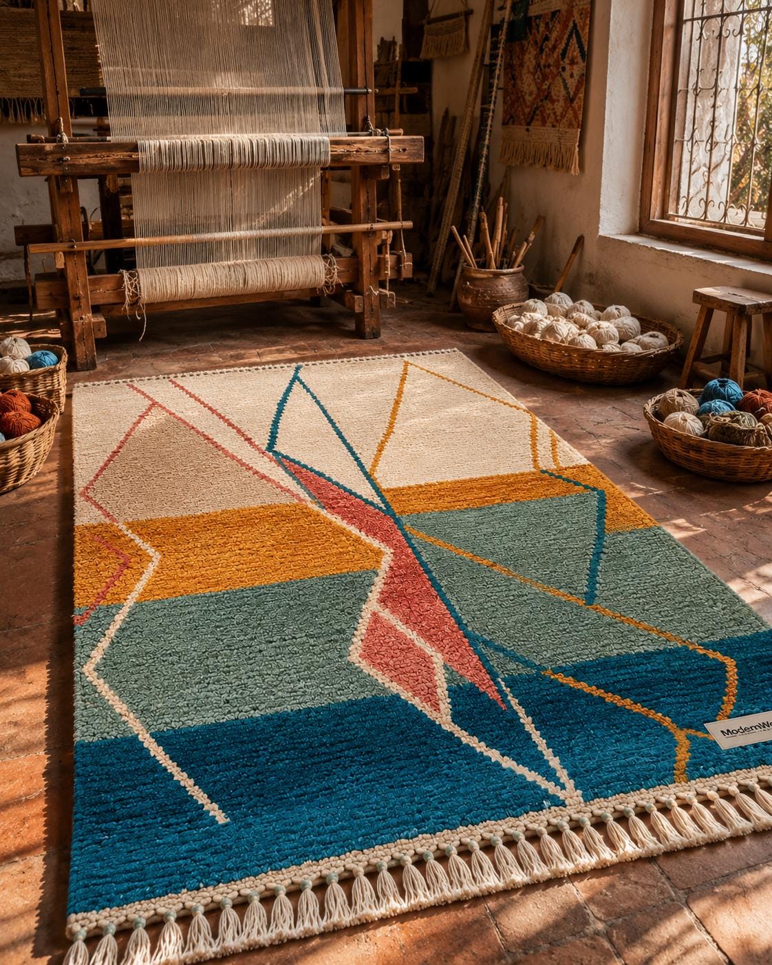 Hand Knotted Moroccan Wool Rug | Abstract Sunset Geometric Carpet, Boho Teal Mustard Coral