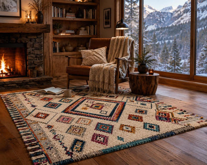 Hand Knotted Moroccan Berber Rug | Colorful Diamond Tribal Wool Carpet | Boho Chic Fringe Rug
