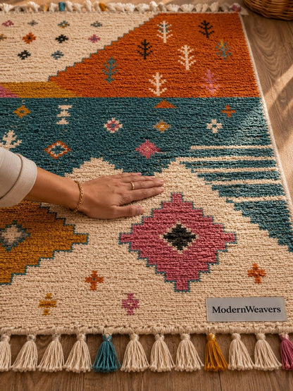 Abstract Landscape Moroccan Rug | Hand-Knotted Wool Area Rug, Boho Geometric Tapestry