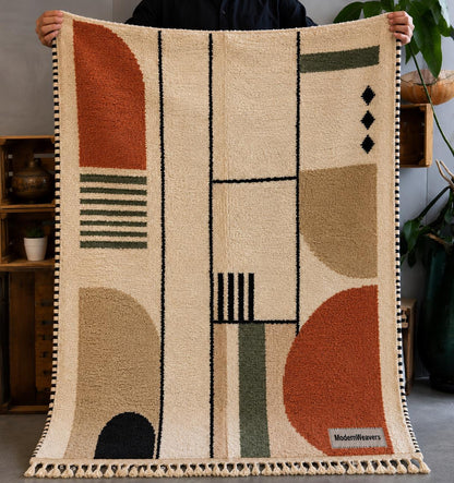 Bauhaus Geometric Moroccan Rug | Terracotta Sage Wool Carpet | Mid Century Modern Area Rug