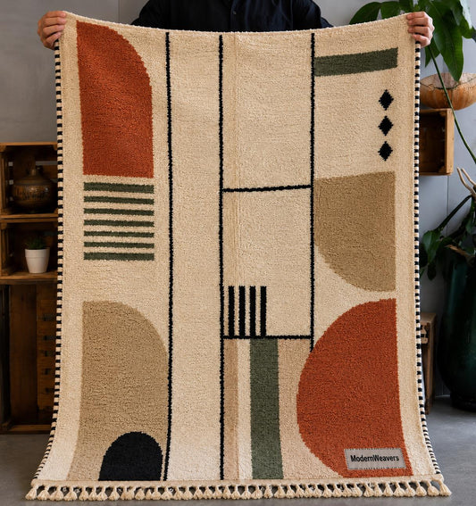 Bauhaus Geometric Moroccan Rug | Terracotta Sage Wool Carpet | Mid Century Modern Area Rug
