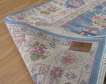 Blue Hand Knotted Rug 8x10, Transitional Turkish Style Area Rug with Pastel Motifs, Pastel Blue and Cream Aesthetic Bedroom Rug