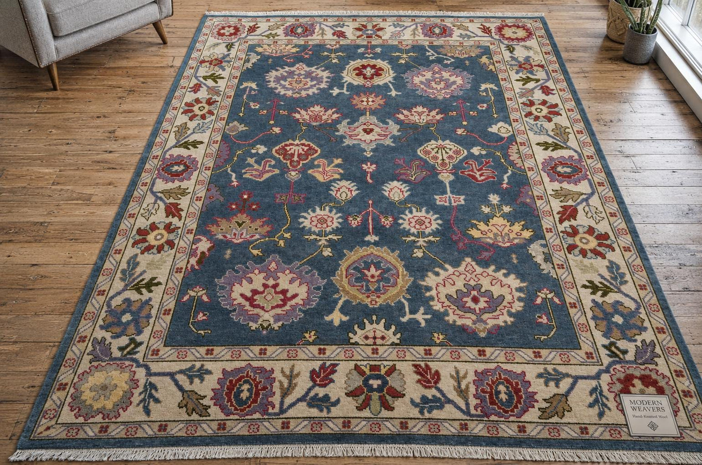 8x10 Hand Knotted Oushak Rug | Dusty Blue and Ivory Floral Wool Area Rug | Pastel Botanical Palmettes | Artisanal Carpet by ModernWeavers