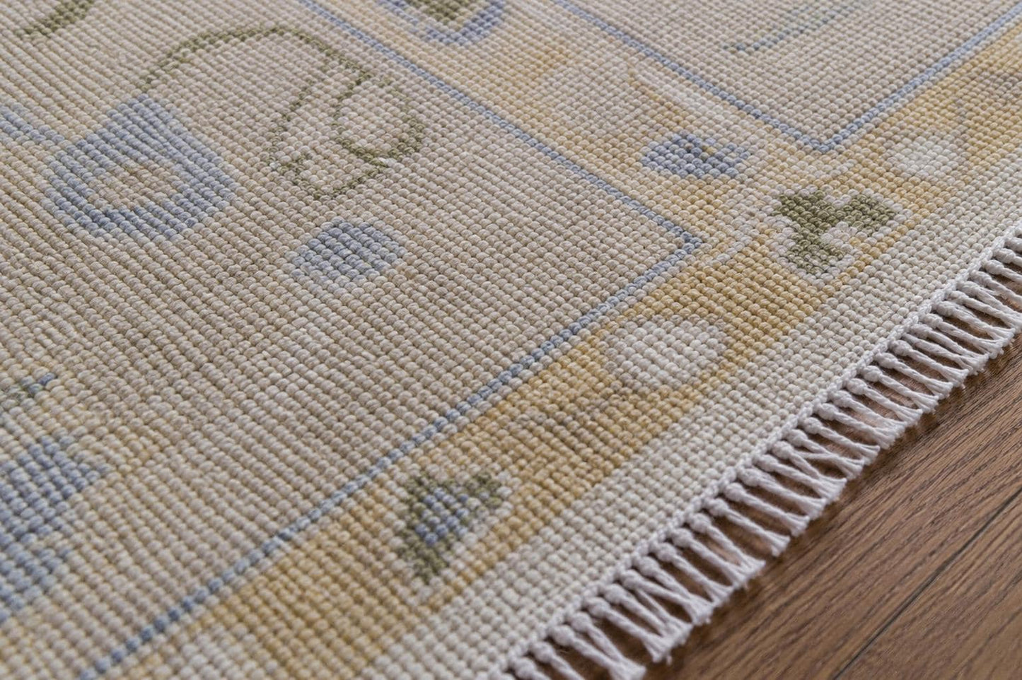 Elegant Hand-Knotted Ivory Area Rug | Soft Floral Vine Motif in Sage Green & Muted Blue | Premium Carpet for Living Room or Bedroom
