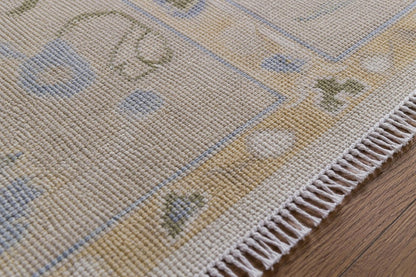Elegant Hand-Knotted Ivory Area Rug | Soft Floral Vine Motif in Sage Green & Muted Blue | Premium Carpet for Living Room or Bedroom