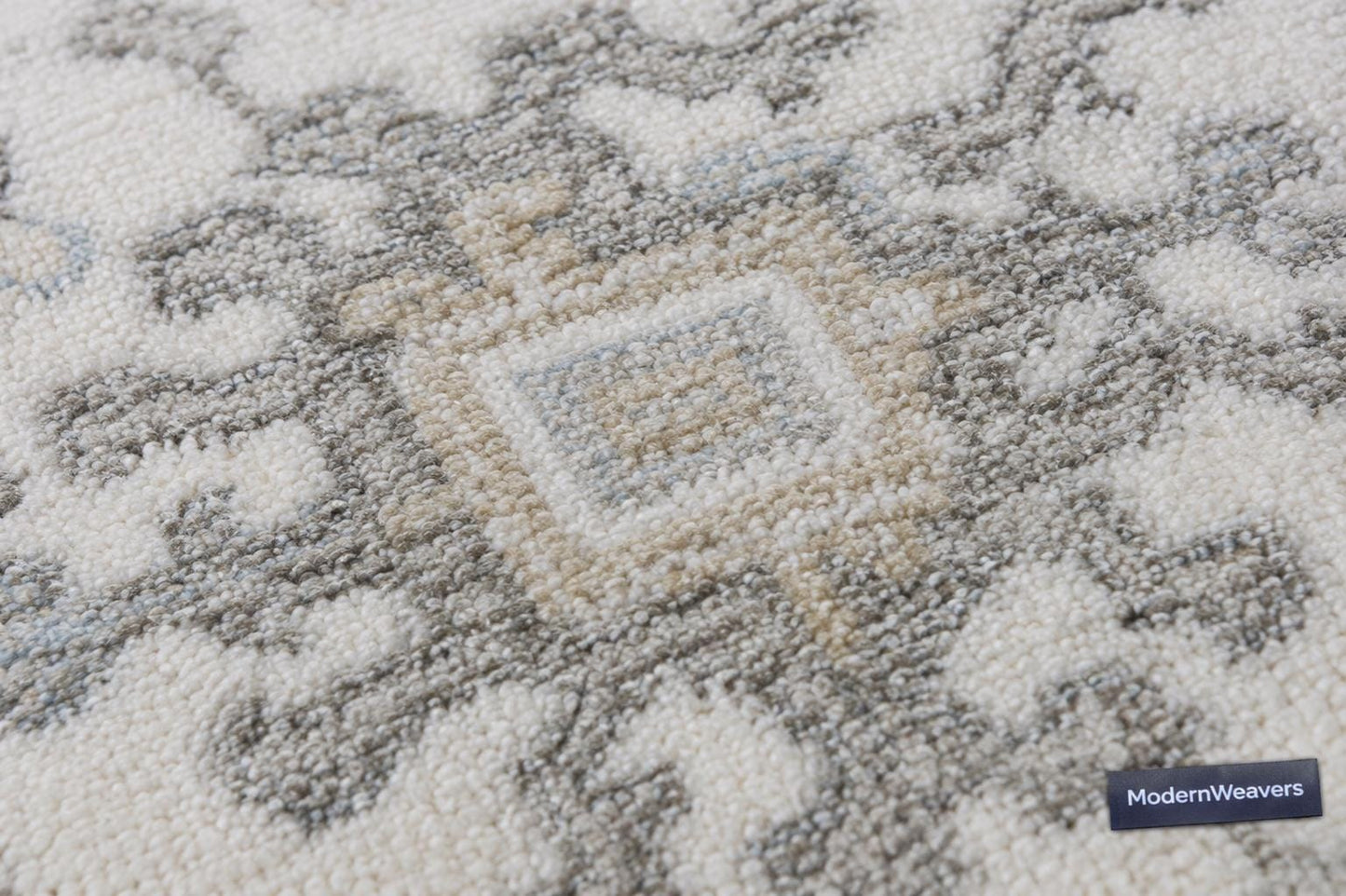 Hand-Knotted Oushak Style Rug | Pastel Ivory, Light Blue, Beige Floral Geometric Living Room Decor