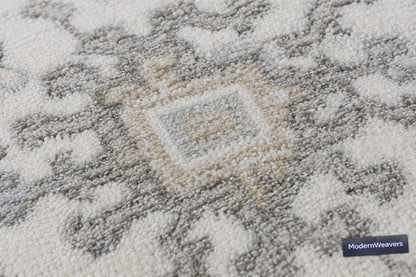 Hand-Knotted Oushak Style Rug | Pastel Ivory, Light Blue, Beige Floral Geometric Living Room Decor
