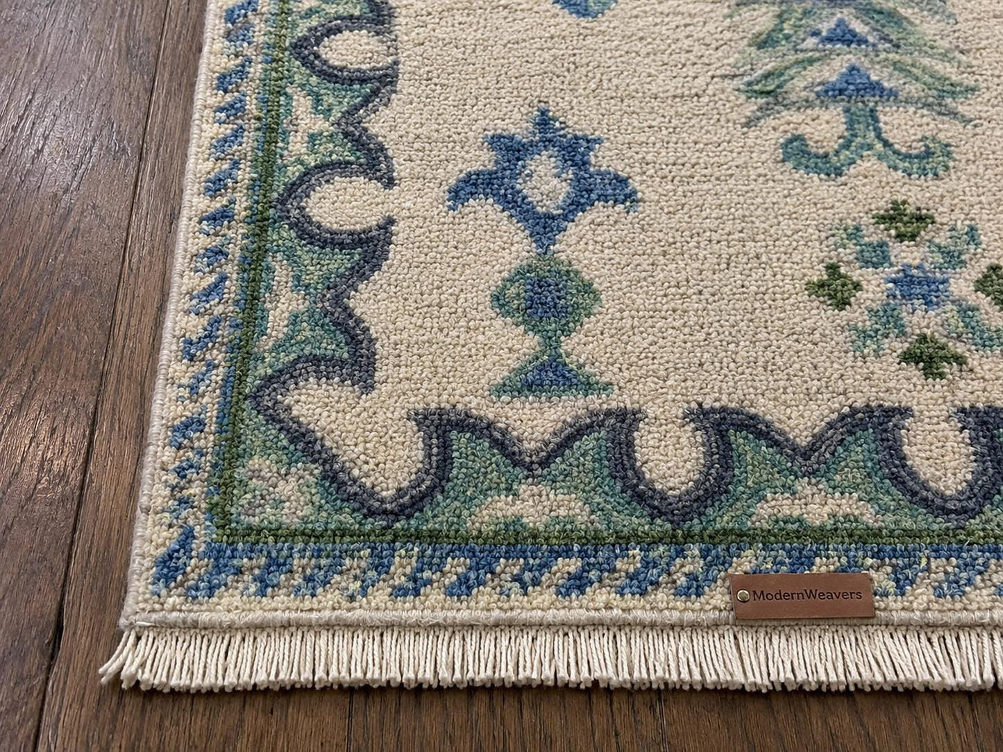 Hand Knotted Ivory and Blue Geometric Area Rug | Transitional Medallion Carpet with Green Accents | Coastal Boho Living Room Decor