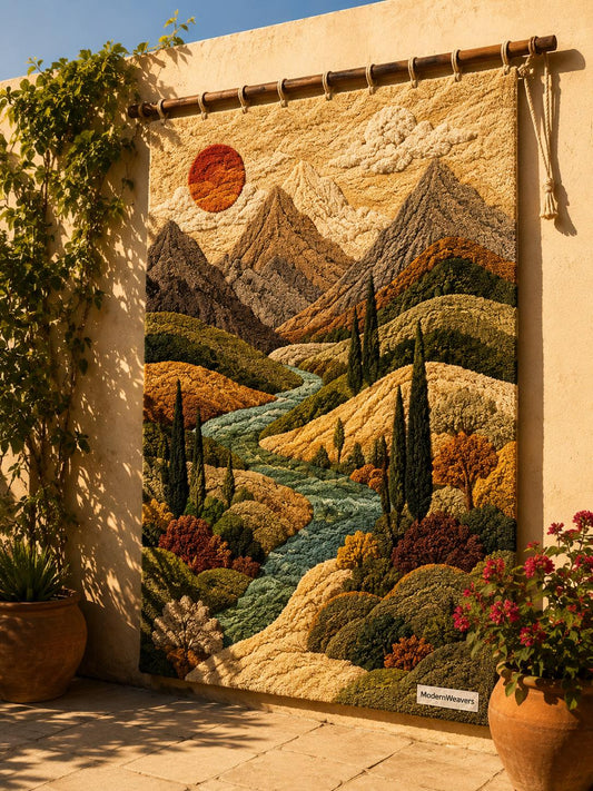 3D Landscape Tufted Rug | Textured Mountain River Carpet | Earth Tone Cottagecore Decor