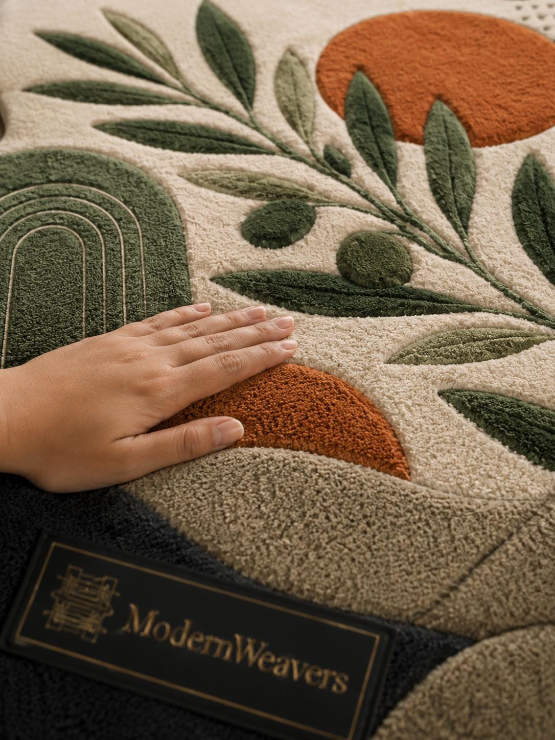 Abstract Olive Branch Hand Tufted Rug | Mid Century Modern Botanical Area Rug | Terracotta & Green Boho Room Decor | Irregular Shaped Carpet
