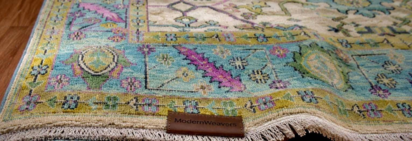 Hand-Knotted Oushak Rug | Pastel Floral Wool Area Rug | Cream, Light Blue, and Pink Transitional Rug | Large Living Room Rug
