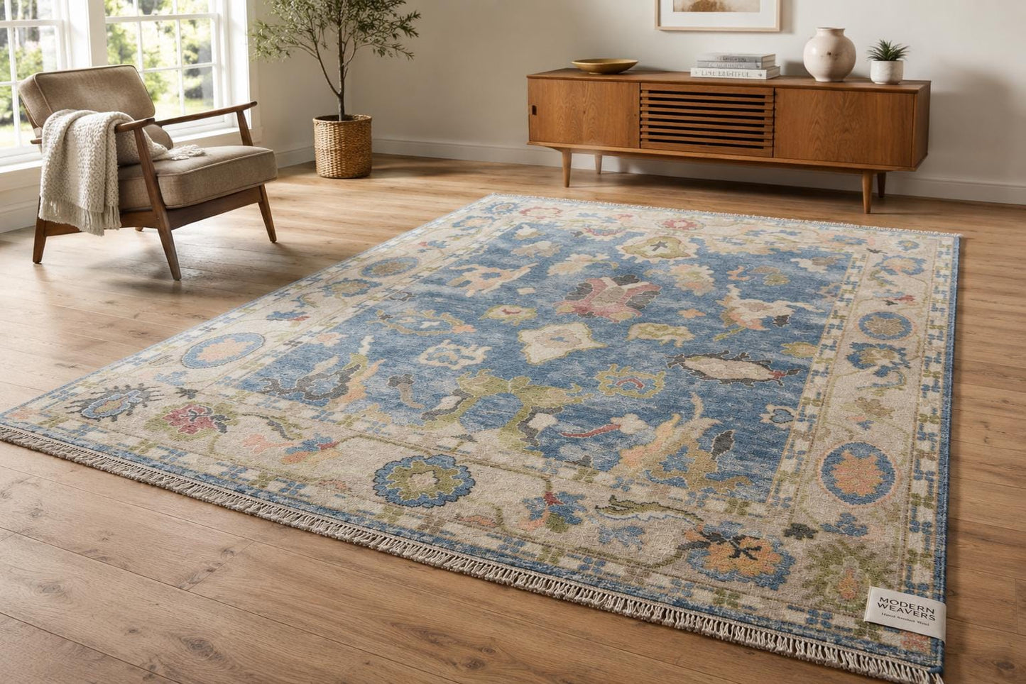 ModernWeavers Hand-Knotted Wool Rug | Dusty Blue & Beige Oushak Style Area Rug | Transitional Geometric Floral Pattern | Artisan Home Decor