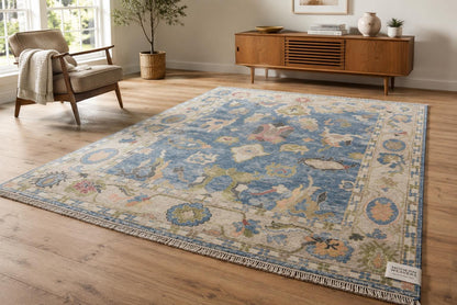 ModernWeavers Hand-Knotted Wool Rug | Dusty Blue & Beige Oushak Style Area Rug | Transitional Geometric Floral Pattern | Artisan Home Decor