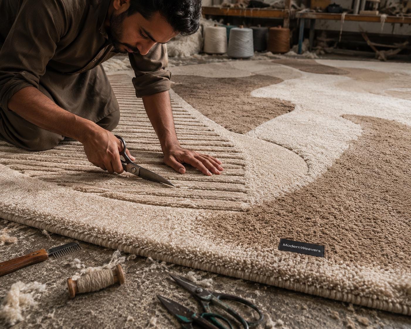Luxury Modern Abstract Hand-Tufted Wool Rug | Neutral Beige & Taupe Area Rug for Living Room