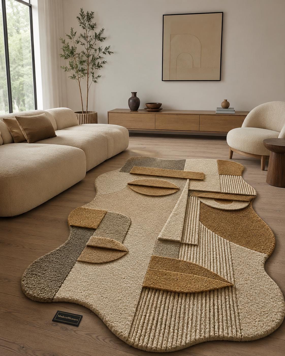 Abstract Face Hand Tufted Rug | Cubist Portrait Area Carpet | Modern Minimalist Geometric Art | Textured Neutral Statement Floor Decor