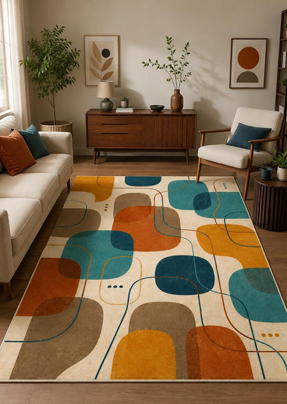 Mid-Century Modern Abstract Area Rug | Hand Tufted Geometric Carpet with Organic Shapes | Retro Contemporary Room Decor