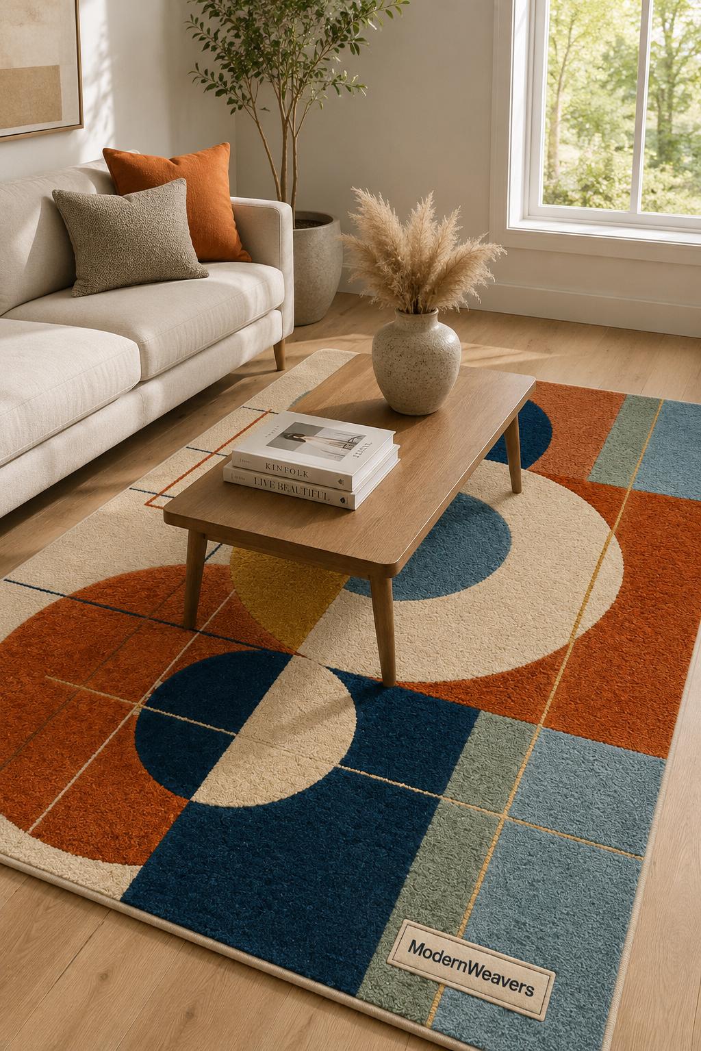 Abstract Geometric Hand-Tufted Wool Rug | Mid-Century Modern Living Room Decor