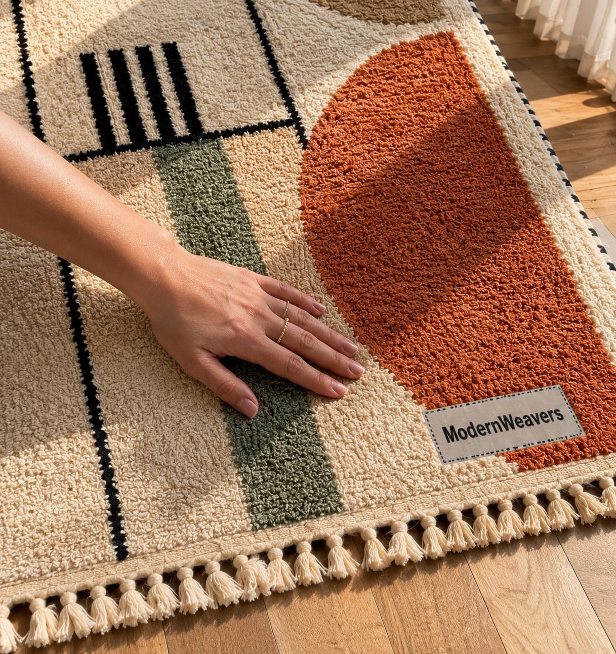 Bauhaus Geometric Moroccan Rug | Terracotta Sage Wool Carpet | Mid Century Modern Area Rug