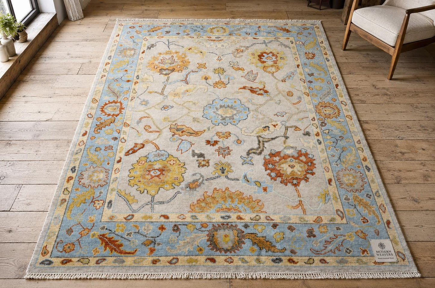 ModernWeavers Hand-Knotted Wool Rug | Cream & Light Blue Floral Oushak Area Rug | Transitional Botanical Pattern | Luxury Artisan Carpet