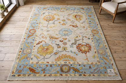 ModernWeavers Hand-Knotted Wool Rug | Cream & Light Blue Floral Oushak Area Rug | Transitional Botanical Pattern | Luxury Artisan Carpet