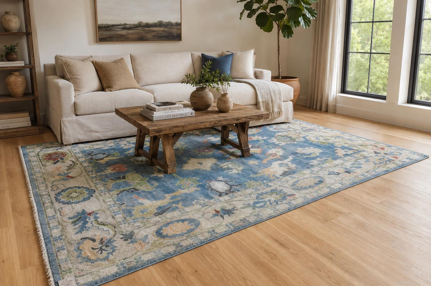 ModernWeavers Hand-Knotted Wool Rug | Dusty Blue & Beige Oushak Style Area Rug | Transitional Geometric Floral Pattern | Artisan Home Decor