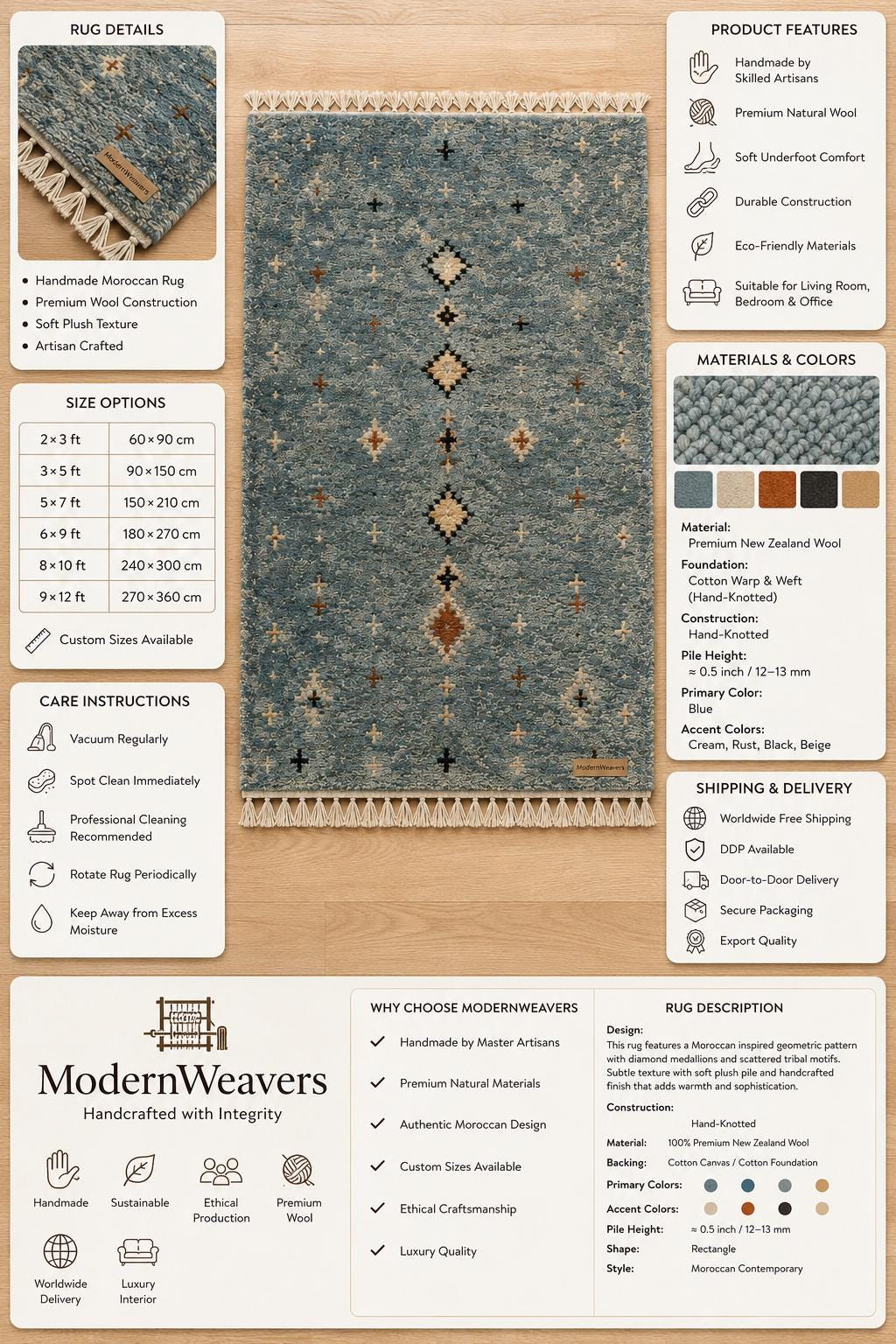Dusty Blue Hand-Knotted Wool Rug | Tribal Diamond Boho Shag Carpet