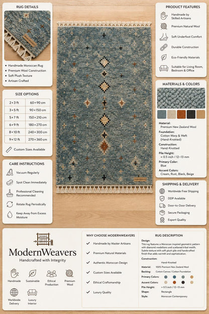Dusty Blue Hand-Knotted Wool Rug | Tribal Diamond Boho Shag Carpet