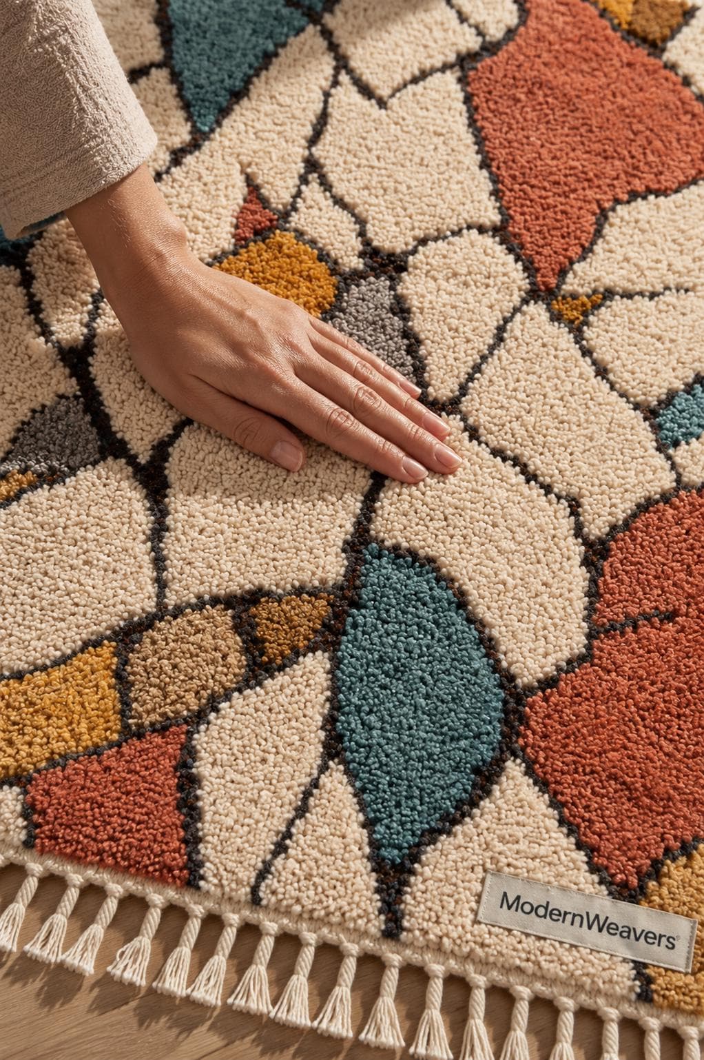 Abstract Moroccan Hand-Knotted Wool Rug | Stained-Glass Boho Carpet, Teal Rust Mustard