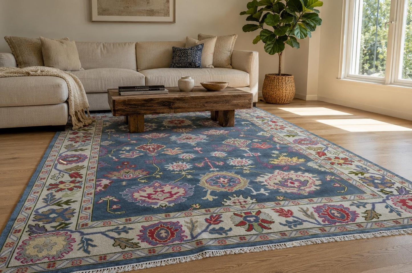 8x10 Hand Knotted Oushak Rug | Dusty Blue and Ivory Floral Wool Area Rug | Pastel Botanical Palmettes | Artisanal Carpet by ModernWeavers