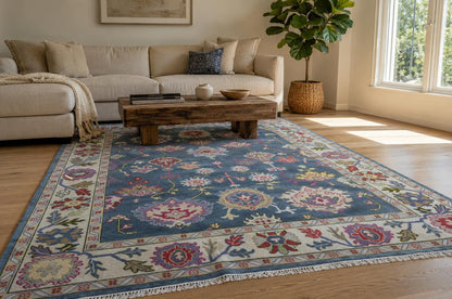 8x10 Hand Knotted Oushak Rug | Dusty Blue and Ivory Floral Wool Area Rug | Pastel Botanical Palmettes | Artisanal Carpet by ModernWeavers