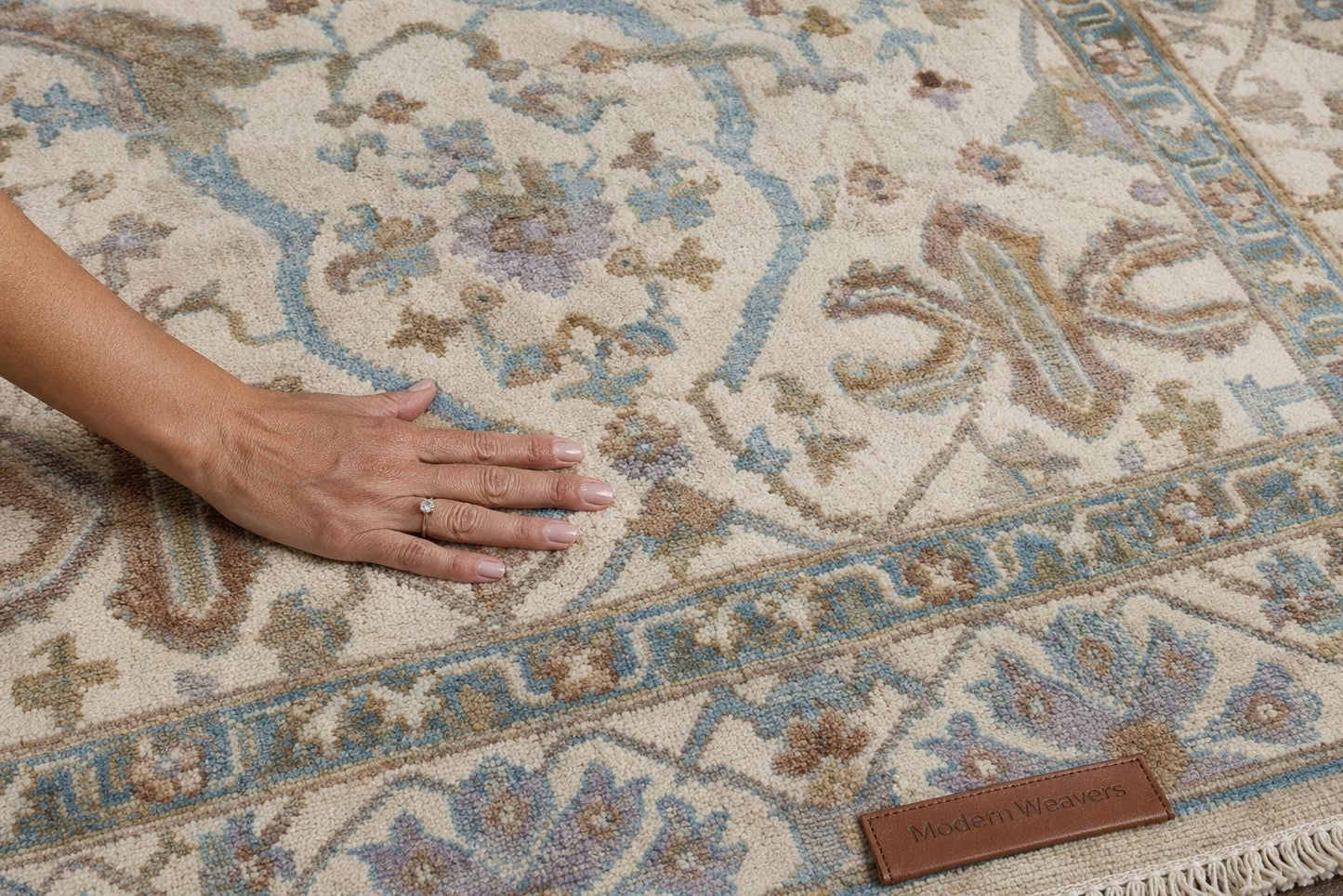 Hand-Knotted Oushak Area Rug | Cream, Light Blue, and Taupe Geometric Pattern | ModernWeavers Wool Carpet for Living Room or Bedroom