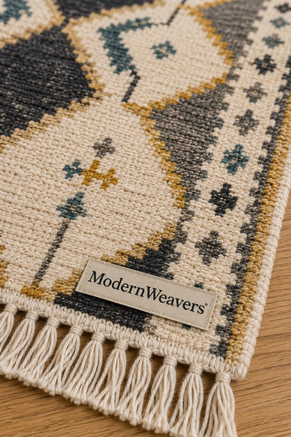 Hand Knotted Moroccan Rug | Teal Blue Mustard Diamond Tribal Carpet
