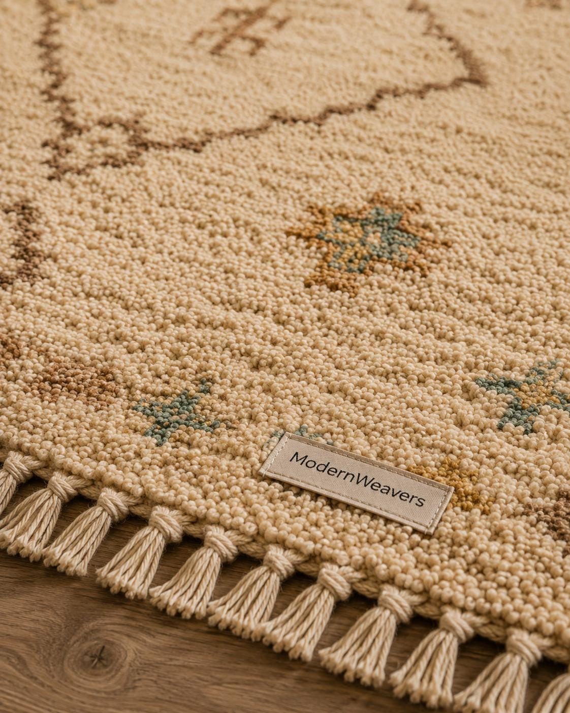 Hand-Knotted Moroccan Rug | Cream Plush Shag Area Rug, Beni Ourain Style Ivory, Blue, Brown