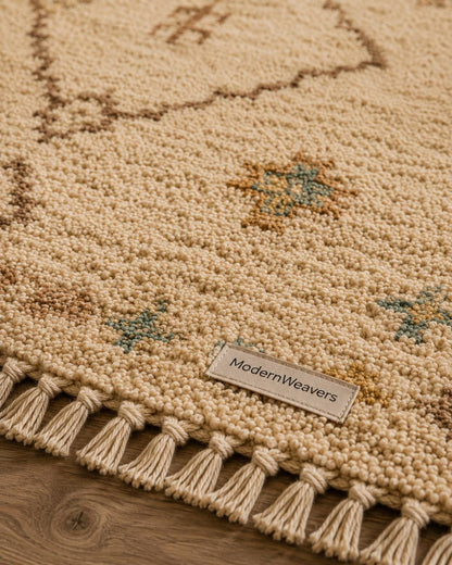 Hand-Knotted Moroccan Rug | Cream Plush Shag Area Rug, Beni Ourain Style Ivory, Blue, Brown