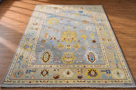Modern Oushak Rug, Hand Knotted Wool Area Rug, Light Blue and Beige Turkish Style Geometric Floral Rug, 9x12 Area Rug for Living Room