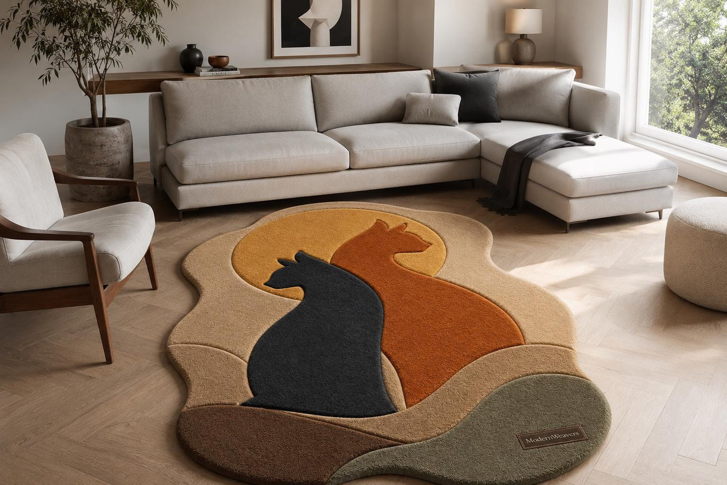 Cat Silhouette Hand Tufted Rug | Whimsical Pet Lover Area Rug | Modern Sun & Cats Wall Art | 3D Textured Boho Carpet for Cat Owners