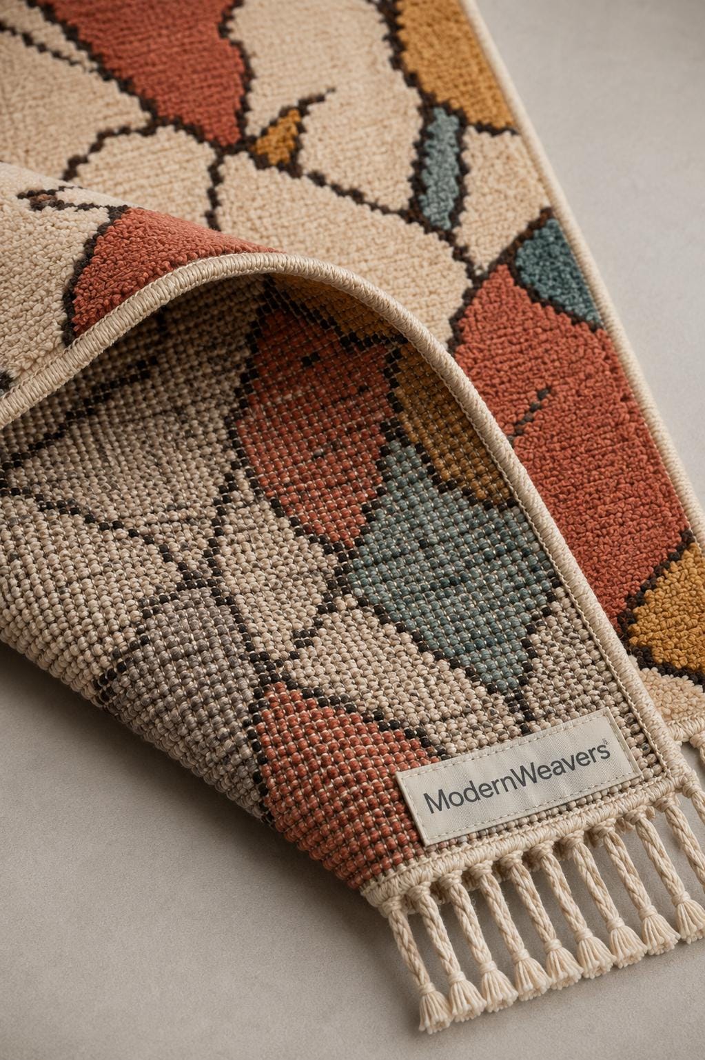 Abstract Moroccan Hand-Knotted Wool Rug | Stained-Glass Boho Carpet, Teal Rust Mustard