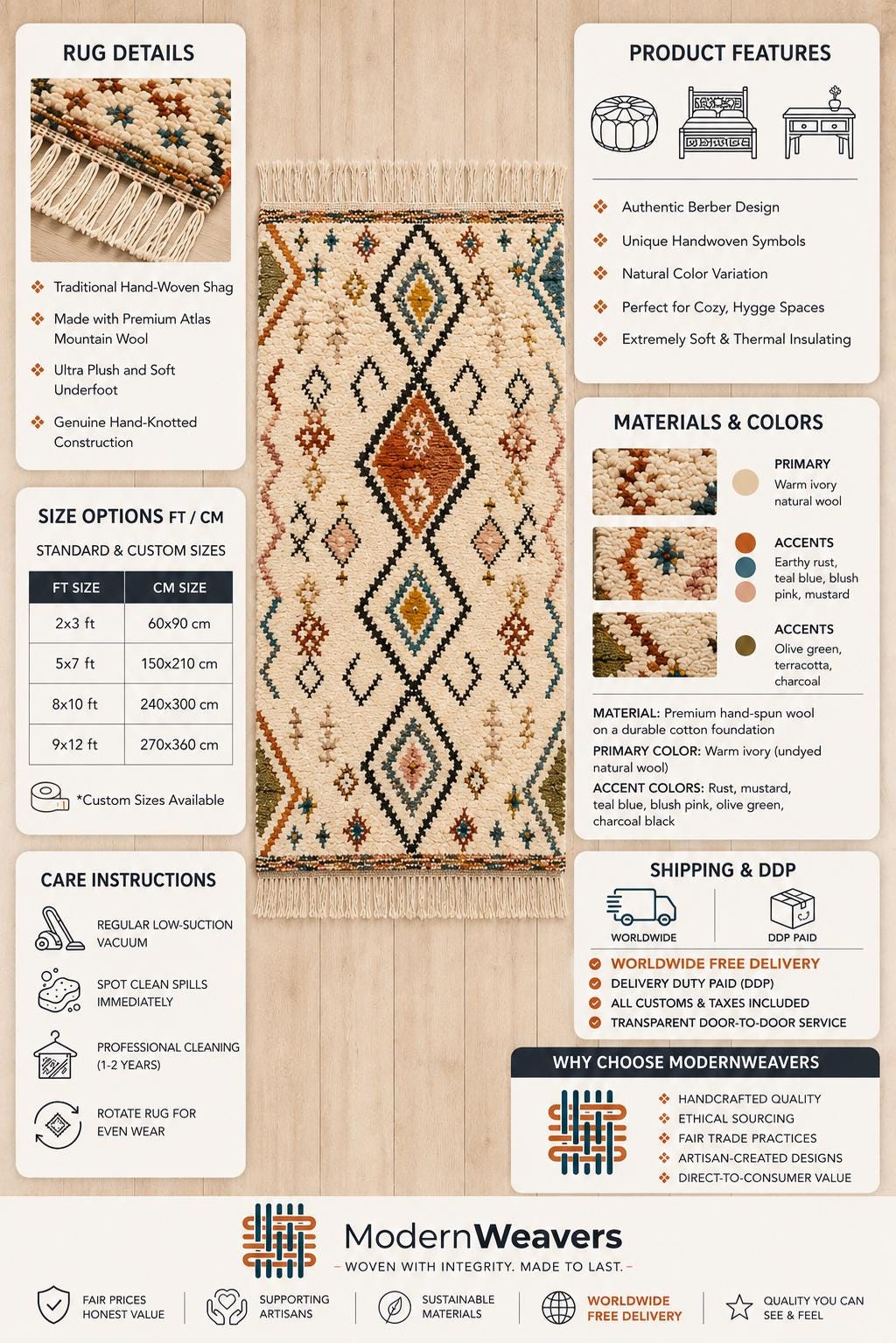 Boho Moroccan Geometric Area Rug | Plush Cream & Colorful Diamond Area Rug | Handwoven Shag Carpet by ModernWeavers | Custom Sizes