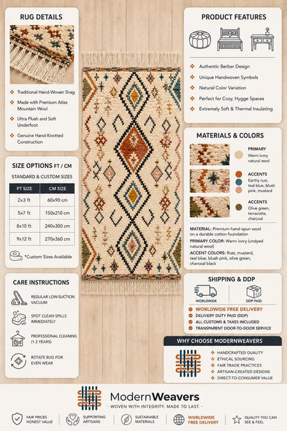 Boho Moroccan Geometric Area Rug | Plush Cream & Colorful Diamond Area Rug | Handwoven Shag Carpet by ModernWeavers | Custom Sizes