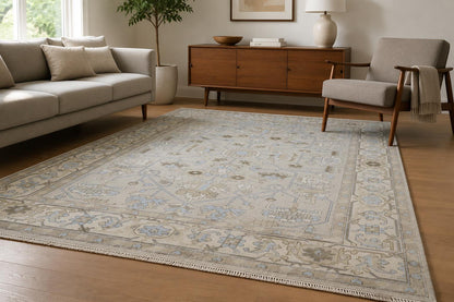 Elegant 9x12 Traditional Area Rug | Artisan Hand-Knotted Floor Covering | Neutral Palette with Blue Accents