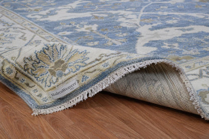 Hand-Knotted Oushak Style Wool Rug | Blue Ivory Geometric Medallion Carpet 8x10