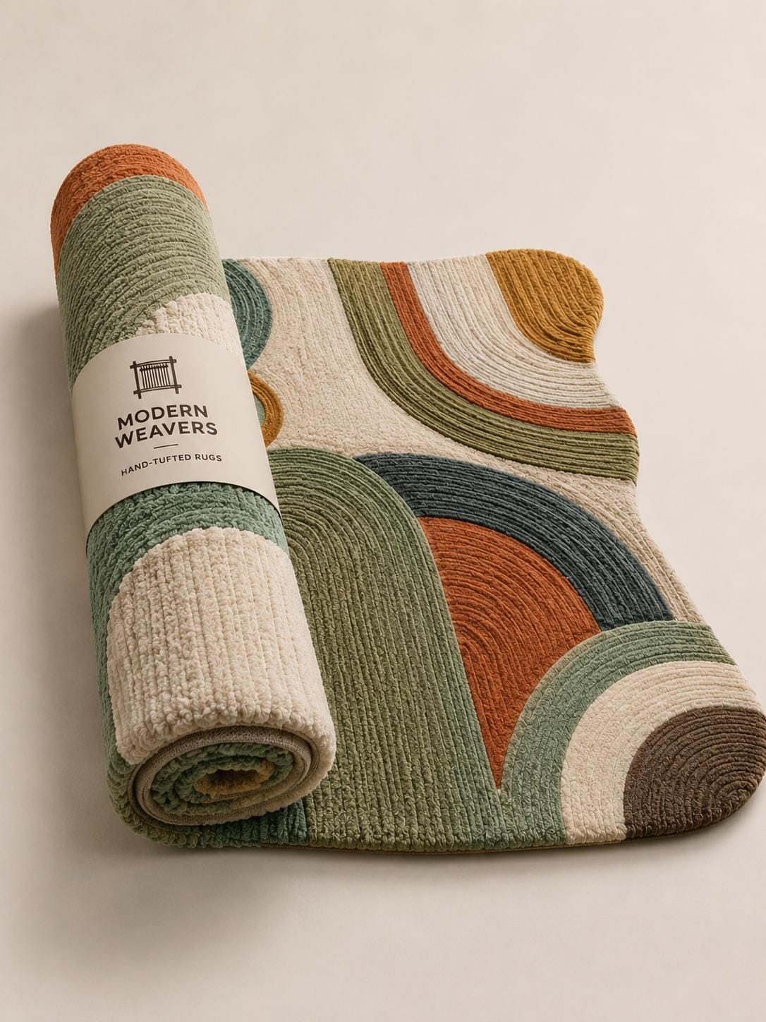 Organic Shape Hand Tufted Rug | Textured Geometric Arch Design | Earth Tone Ribbed Carpet | Mid-Century Modern Abstract Boho Area Rug