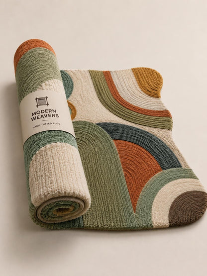 Organic Shape Hand Tufted Rug | Textured Geometric Arch Design | Earth Tone Ribbed Carpet | Mid-Century Modern Abstract Boho Area Rug