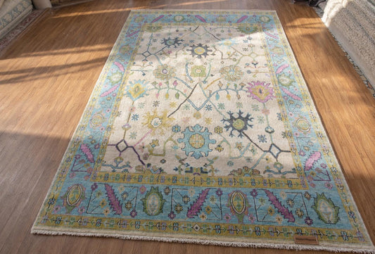Hand-Knotted Oushak Rug | Pastel Floral Wool Area Rug | Cream, Light Blue, and Pink Transitional Rug | Large Living Room Rug