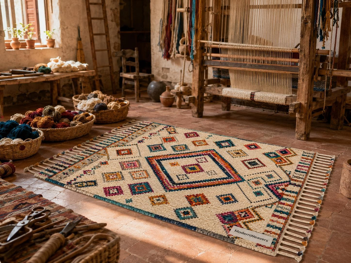 Hand Knotted Moroccan Berber Rug | Colorful Diamond Tribal Wool Carpet | Boho Chic Fringe Rug