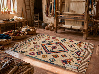 Hand Knotted Moroccan Berber Rug | Colorful Diamond Tribal Wool Carpet | Boho Chic Fringe Rug