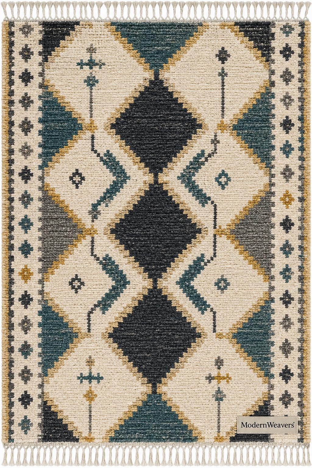 Hand Knotted Moroccan Rug | Teal Blue Mustard Diamond Tribal Carpet
