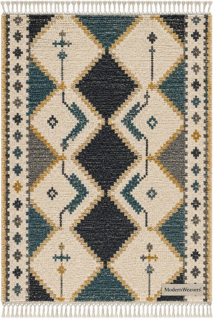 Hand Knotted Moroccan Rug | Teal Blue Mustard Diamond Tribal Carpet