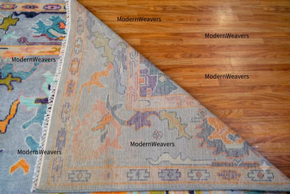 Hand-Knotted Oushak Rug 8x10, Pastel Lavender Blue Turkish Wool Carpet